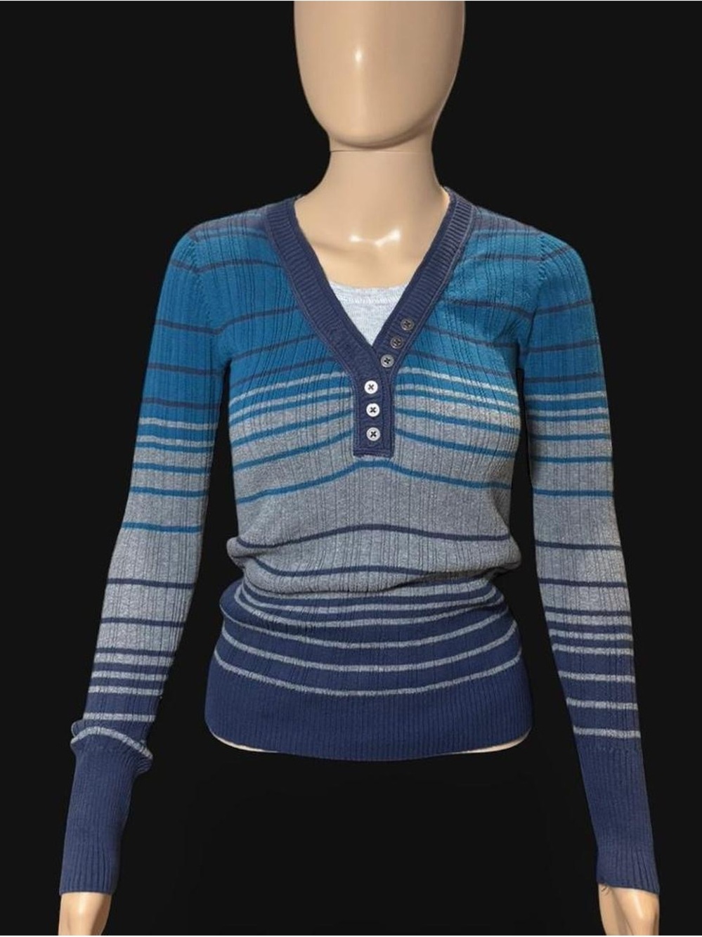 Sonoma Blue Gradient Striped V-Neck Sweater